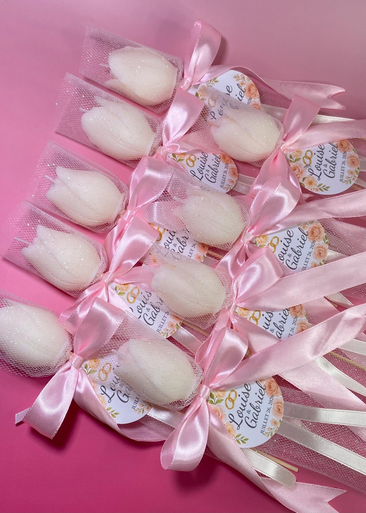 Bougie tulipe parfumée personnalisée – Cadeau invité mariage & baptême