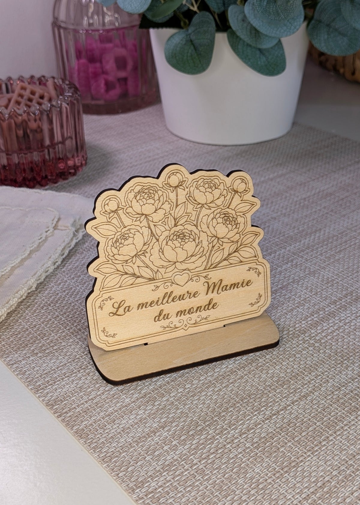 Plaque personnalisée en bois avec pivoines | Eclorance Art