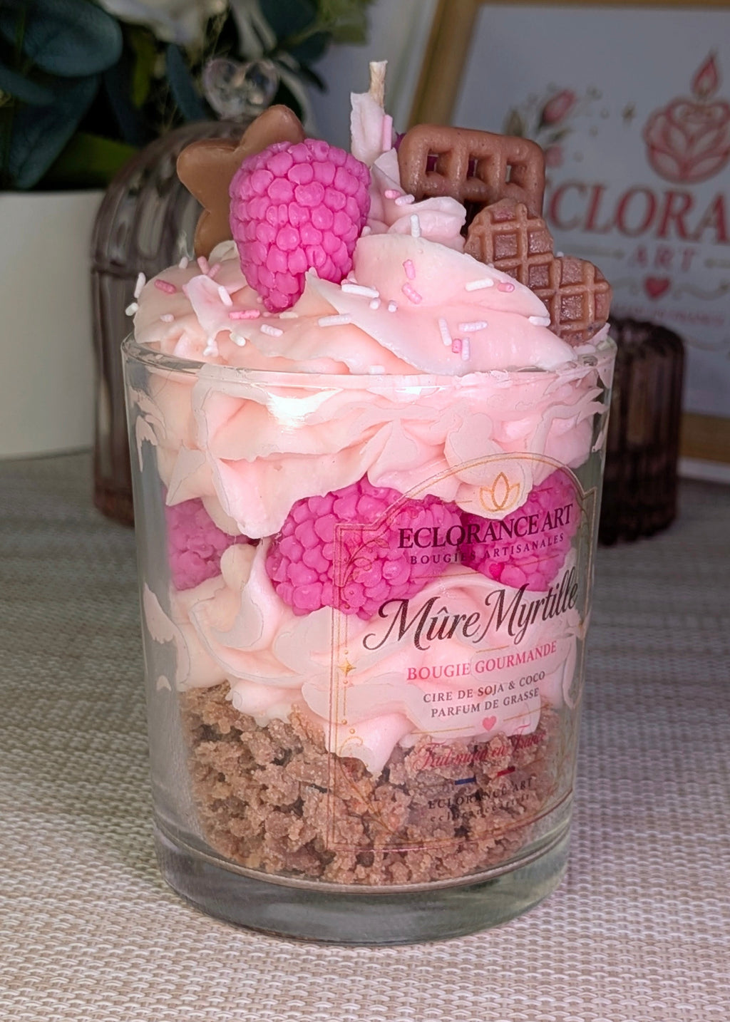 Bougie gourmande parfumée – Framboise & gaufre fait main