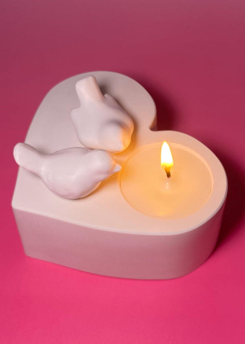 Bougeoir cœur avec oiseaux en céramique – Décoration artisanale