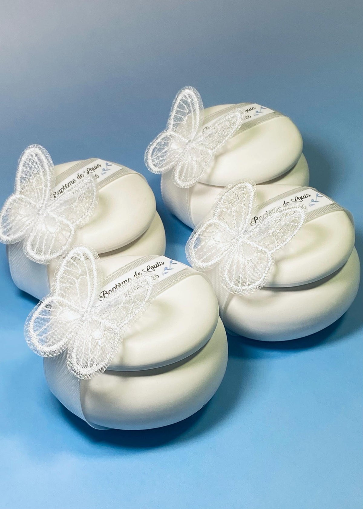 Bougie personnalisée Baptême & Mariage – Étiquette florale bleue