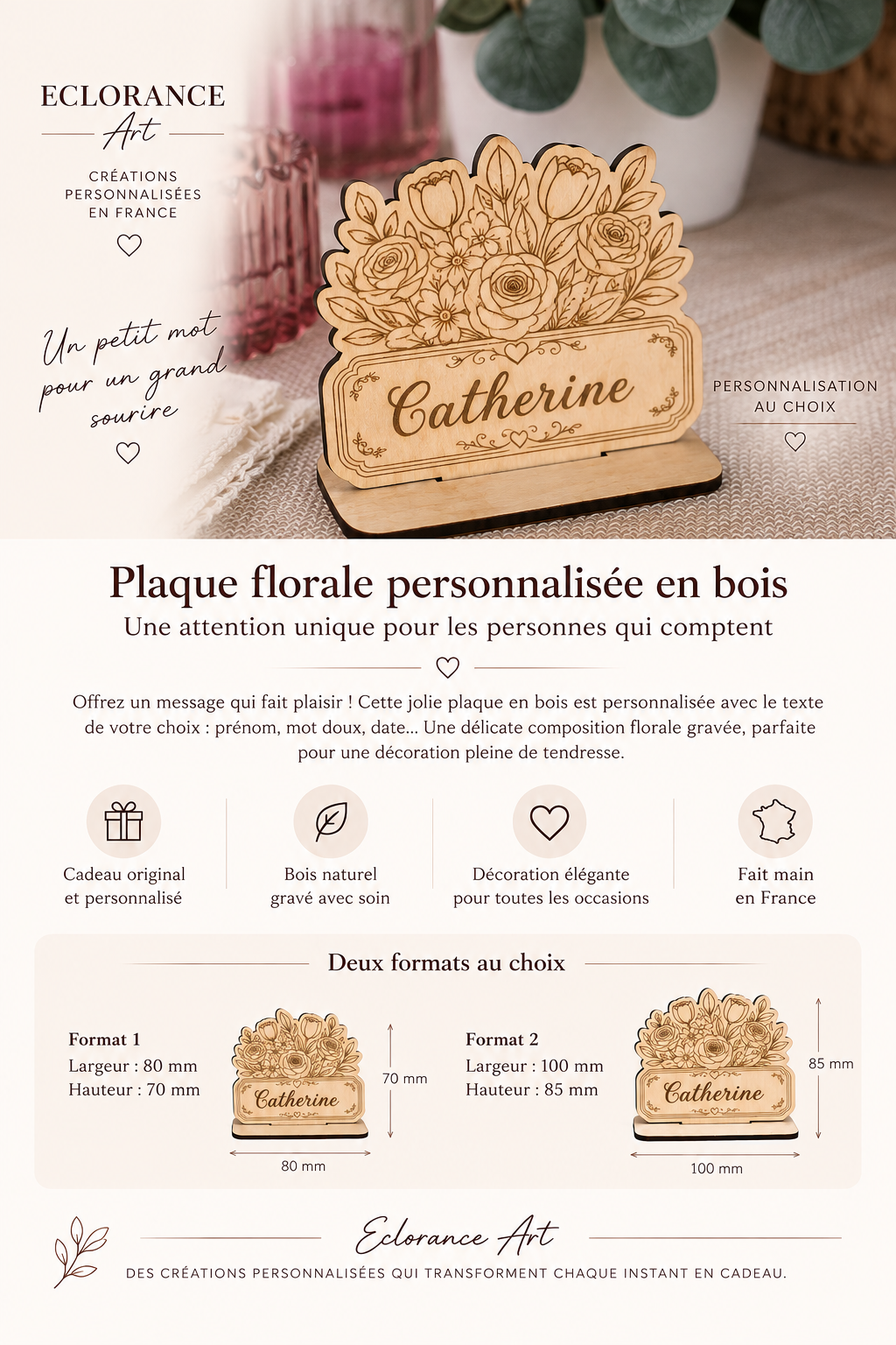 Plaque personnalisée en bois avec fleurs – Cadeau gravé | Eclorance Art