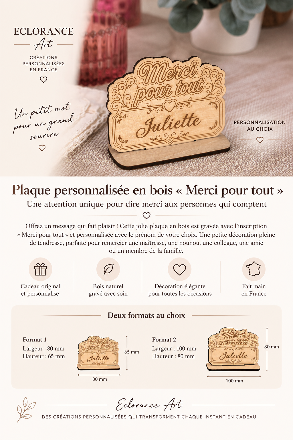 Plaque personnalisée en bois « Merci pour tout » – Cadeau de remerciement