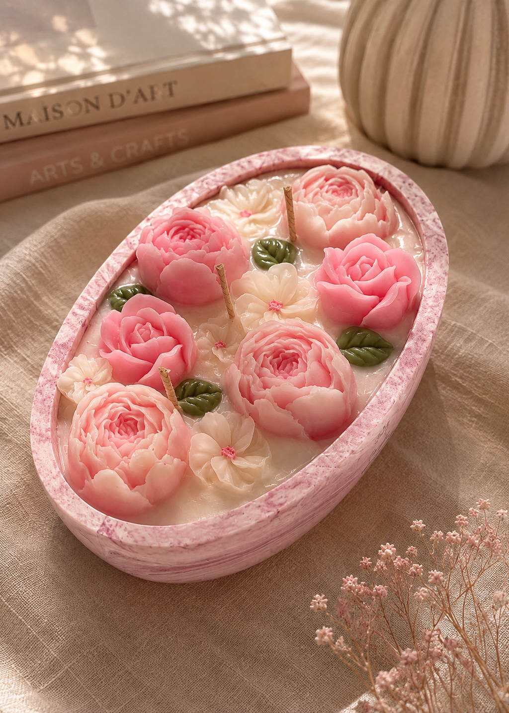 Bougie florale parfumée – Fleurs en cire – Cadeau artisanal