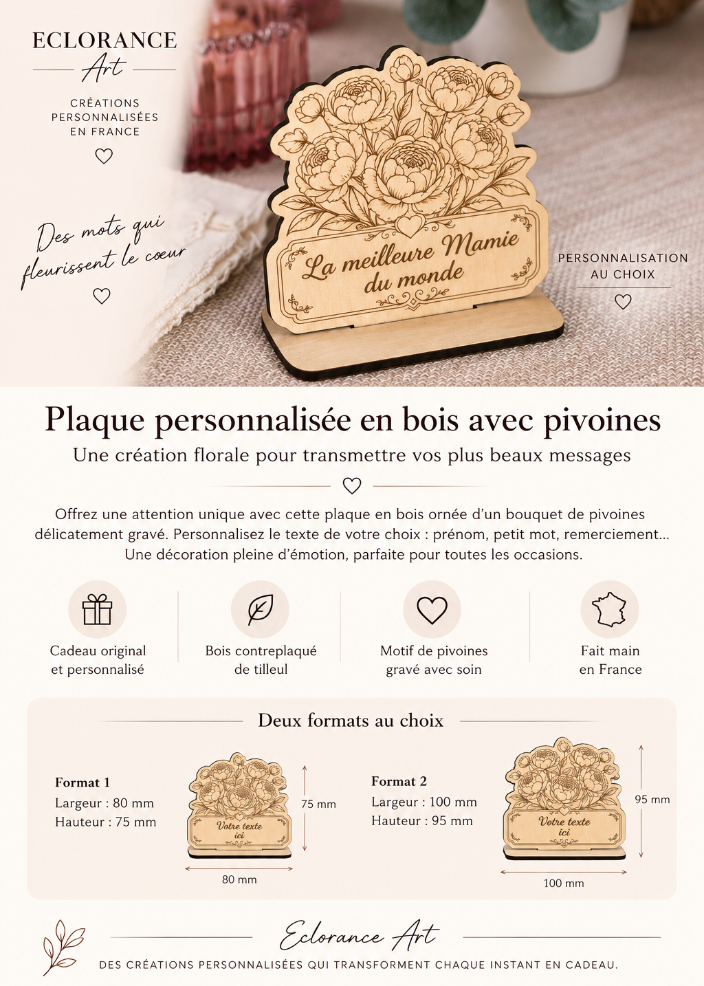 Plaque personnalisée en bois avec pivoines | Eclorance Art